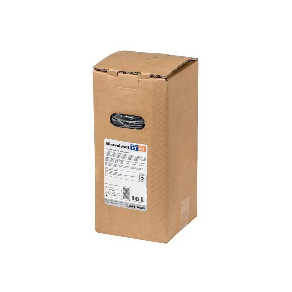 Braune Kartonbox mit einem Sichtfenster, beschriftet mit Informationen zu einem Mineralstoffprodukt der Marke BWT, enthält eine 10-l-Portion.
